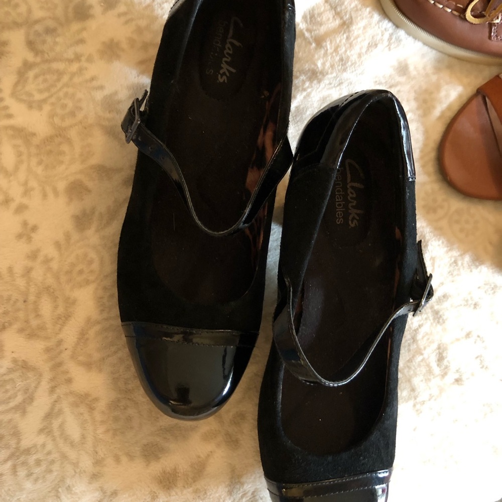 Clarks bendable black suede and patent leather